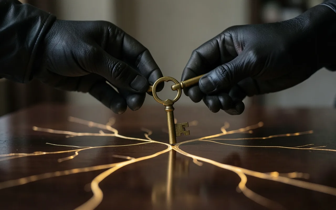 Illustration of a brass key handed over above a table, with glowing lines spreading out from it