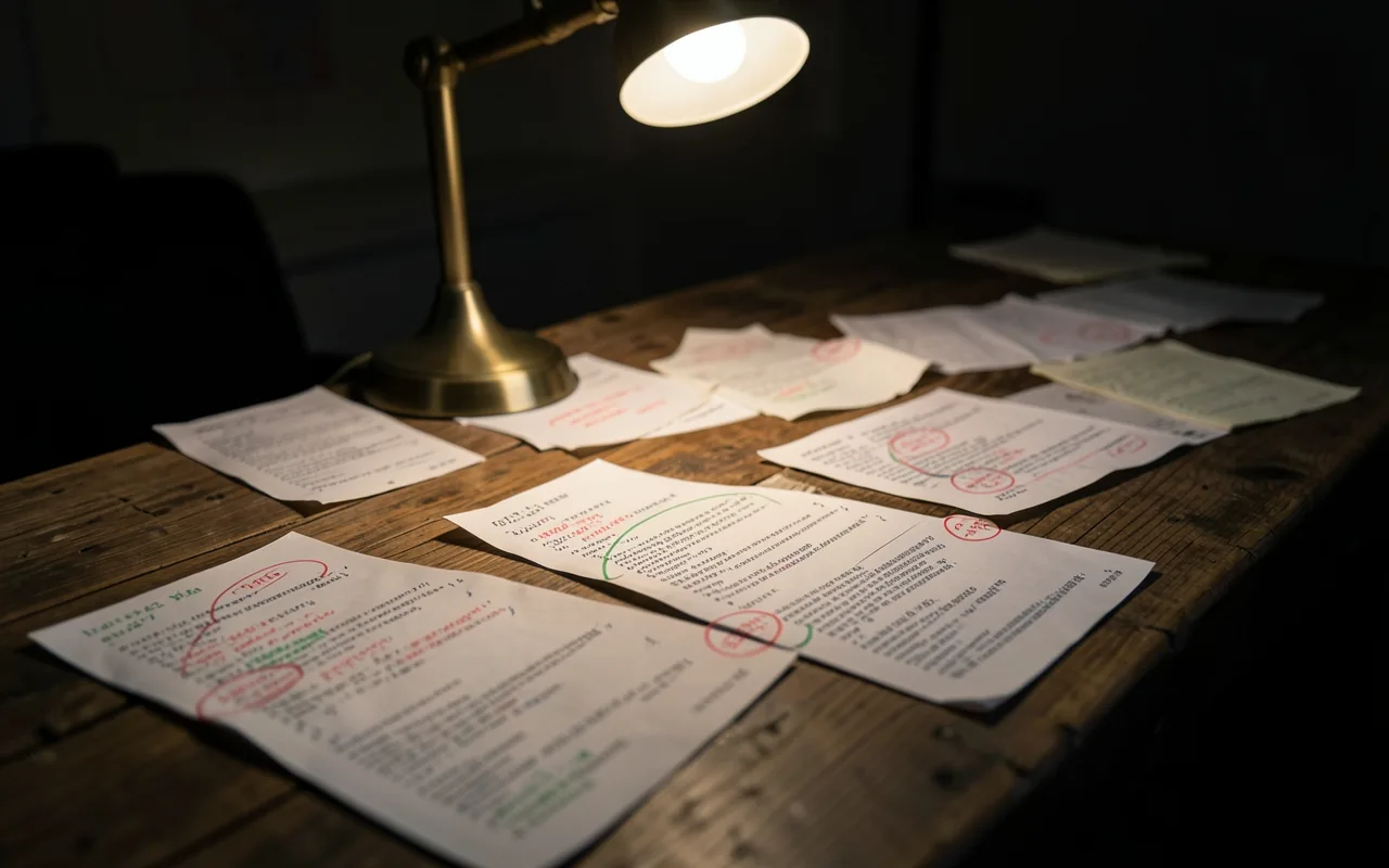 Illustration of printed code pages with handwritten review marks under a desk lamp