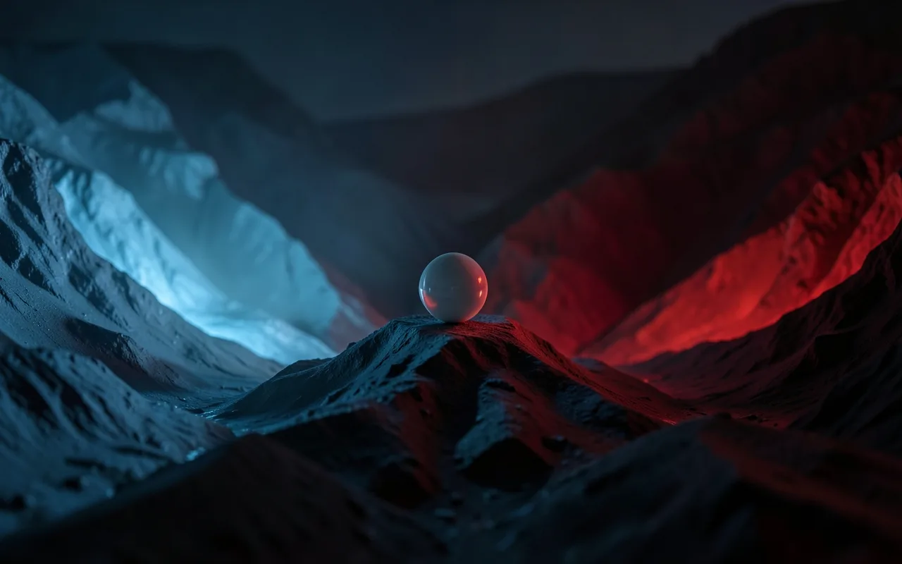 An abstract landscape with a sphere balanced between a blue valley and a red valley