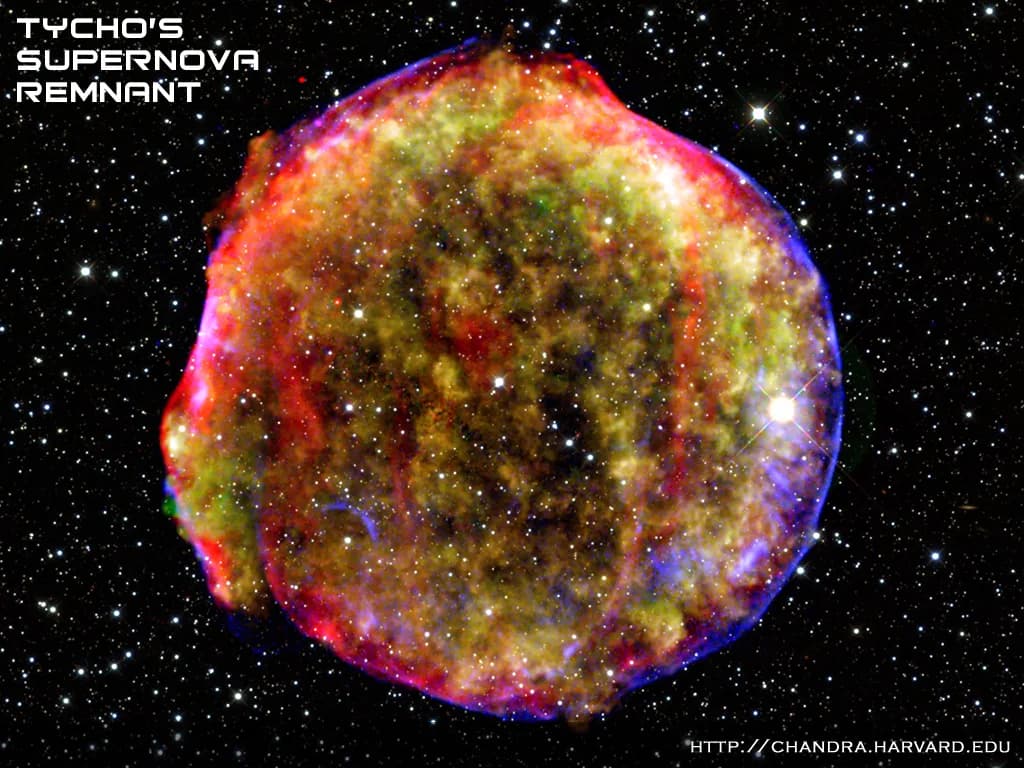 Tycho's supernova remnant, the debris of a Type Ia explosion, in X-ray, infrared and optical light