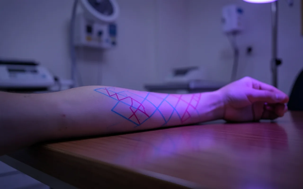 Illustration of a tattoo pattern appearing on skin under ultraviolet light