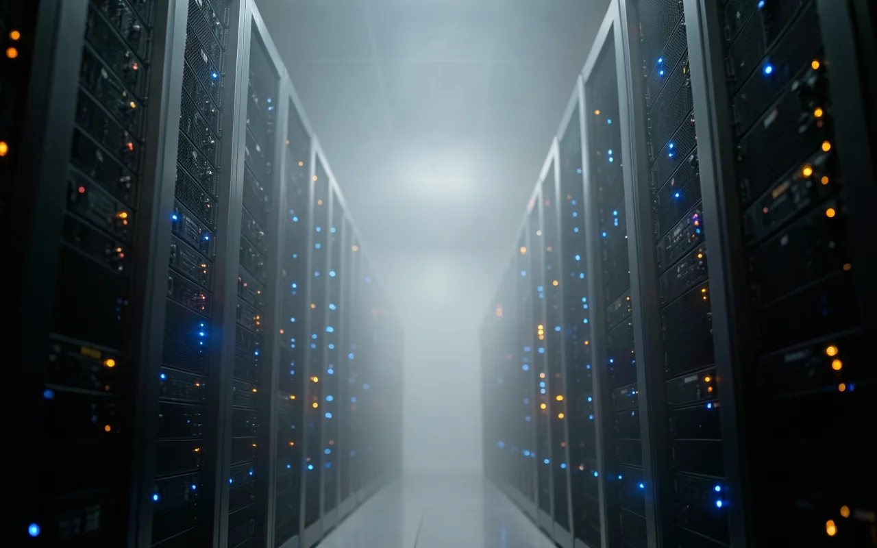 Illustration of rows of server racks in a dim data center
