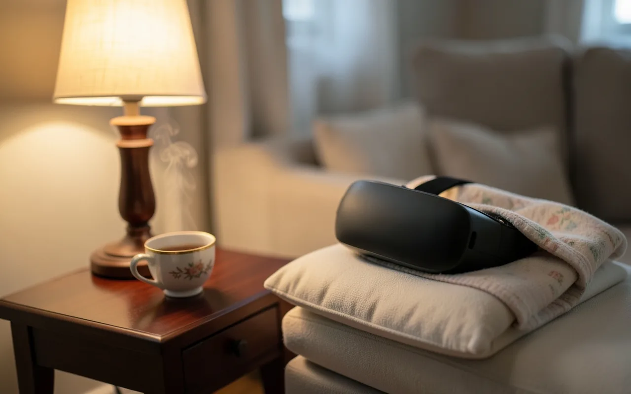 Illustration of a VR headset next to a folded baby blanket on a sofa