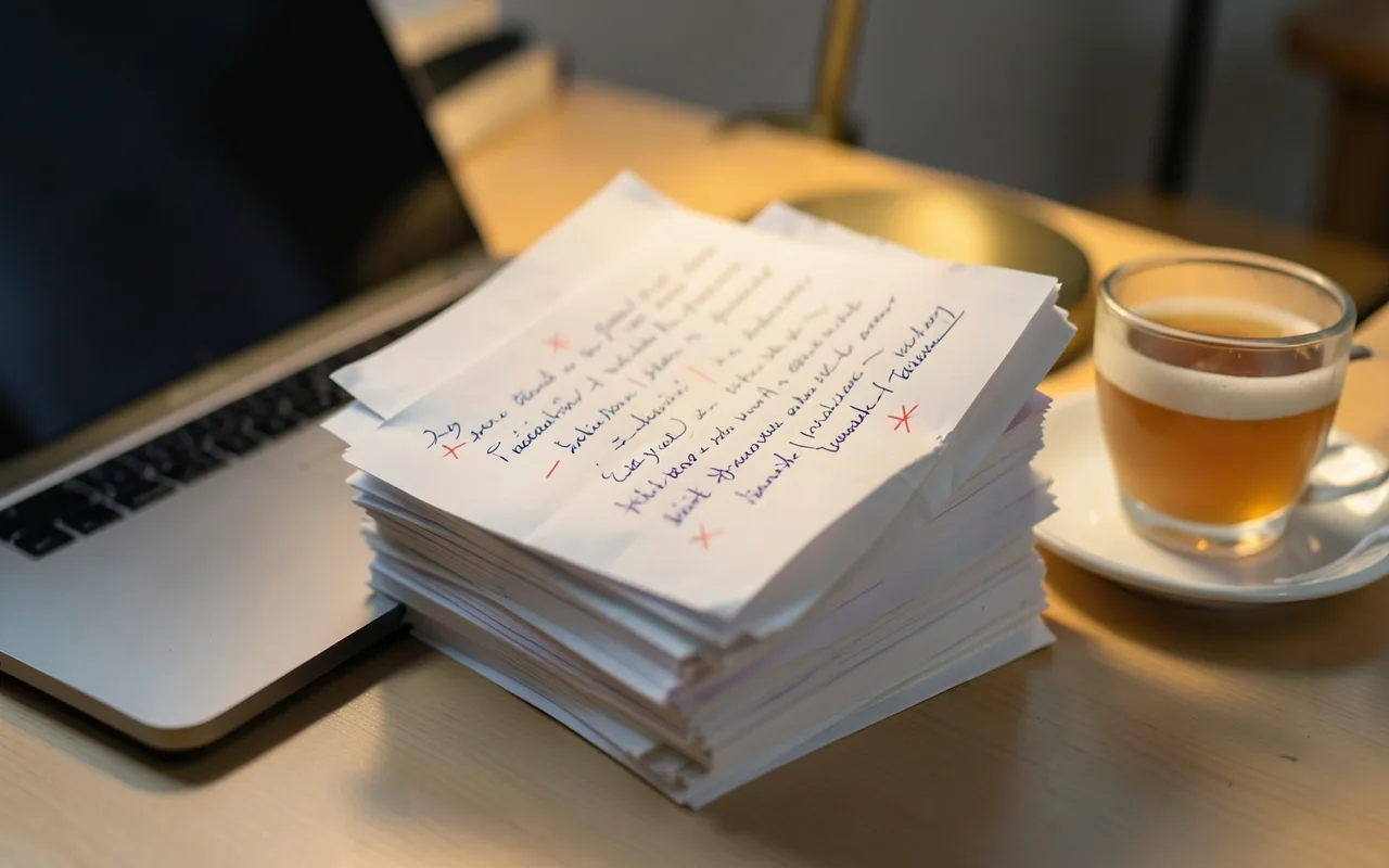 Printed pages with red correction marks under a desk lamp