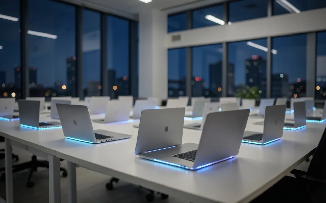 Closed laptops on office desks at night, faintly glowing as they work