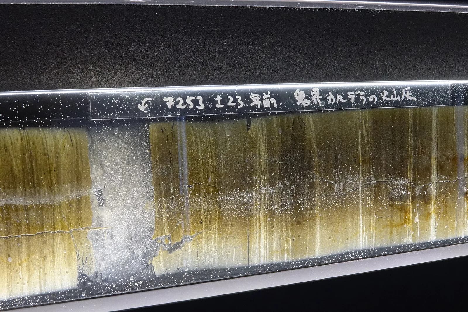 Layered lake sediment core marking the Kikai Caldera eruption about 7,250 years ago