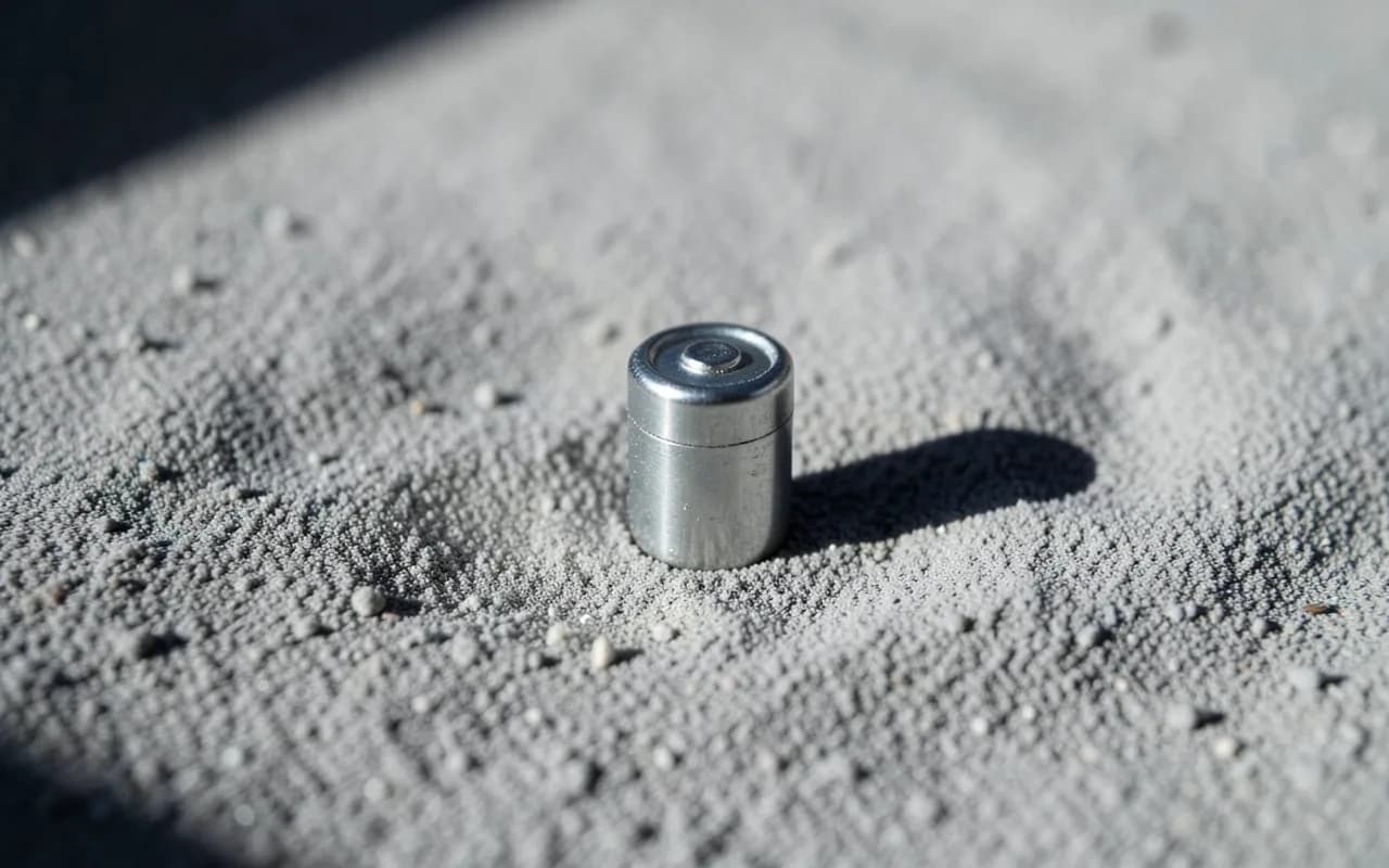 A small coin-shaped battery on frosty grey dust in low light