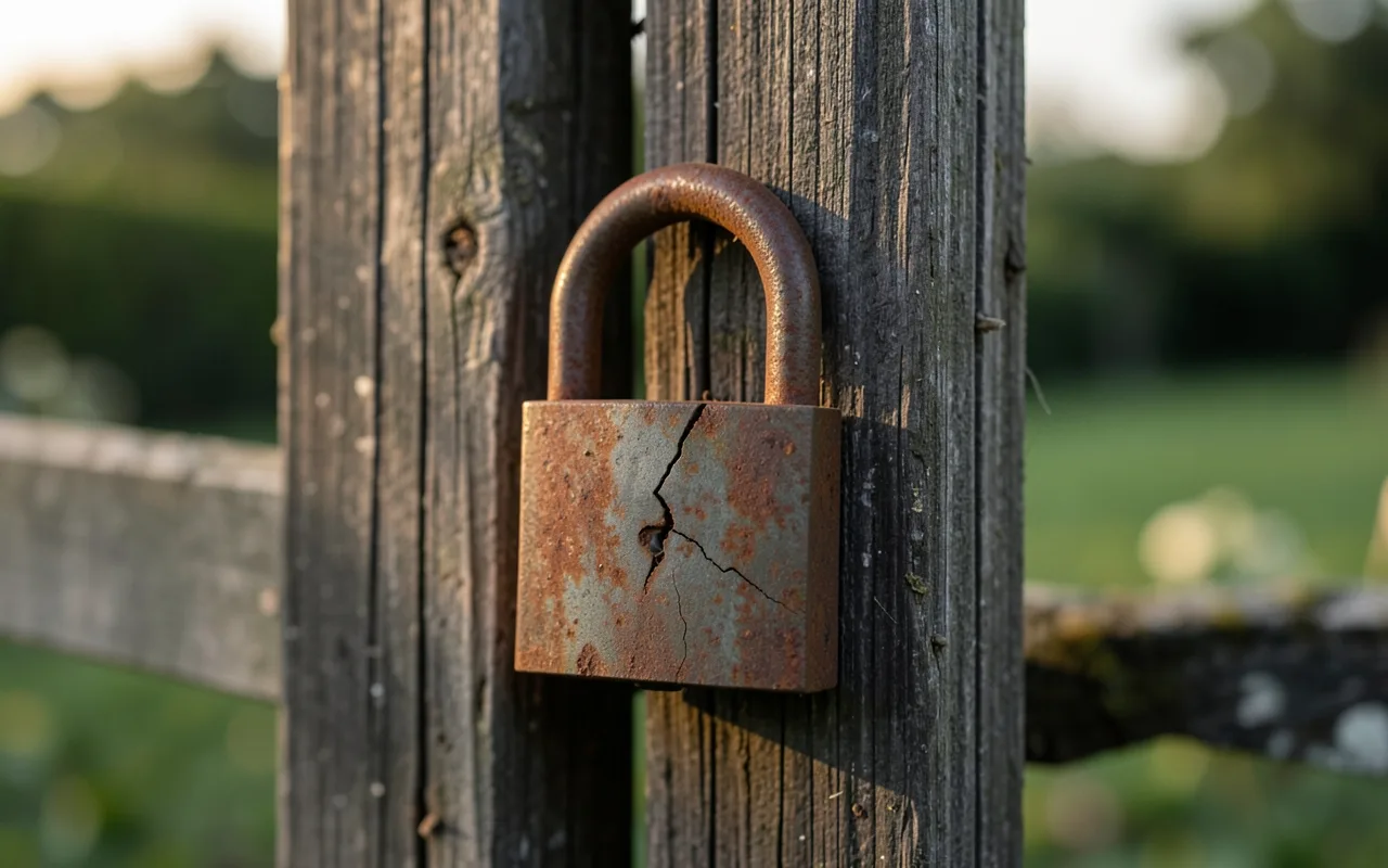 A rusty padlock on a wooden gate with a thin crack in it