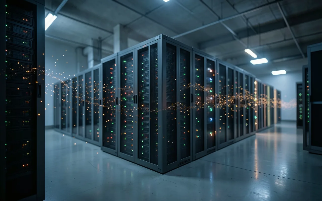 Glowing particles moving from a dark row of servers to other lit racks