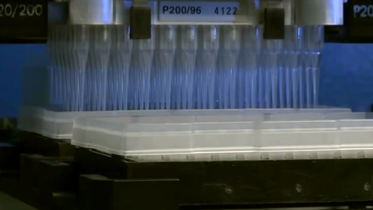 A liquid handling robot with a 96-channel pipetting head working over sample plates in a laboratory