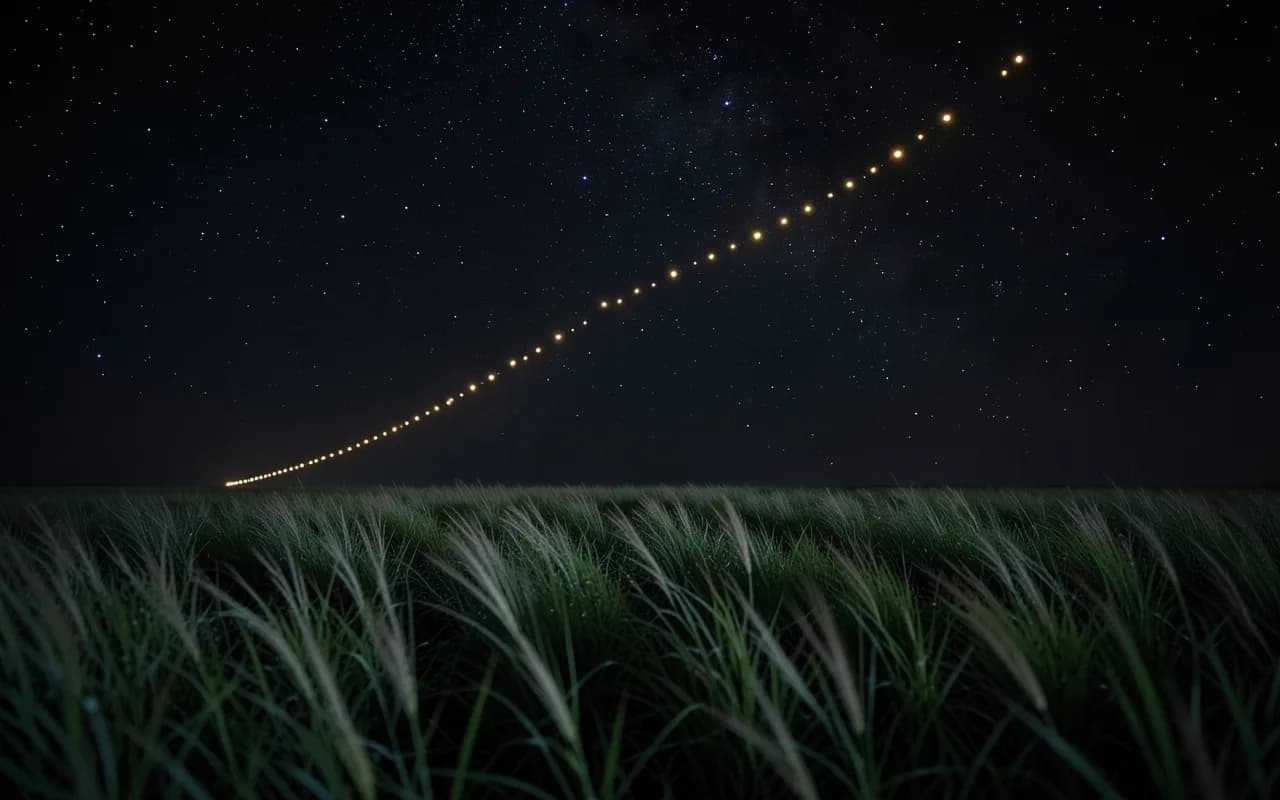 Glowing points forming a rising curve in a night sky, a few of them fading