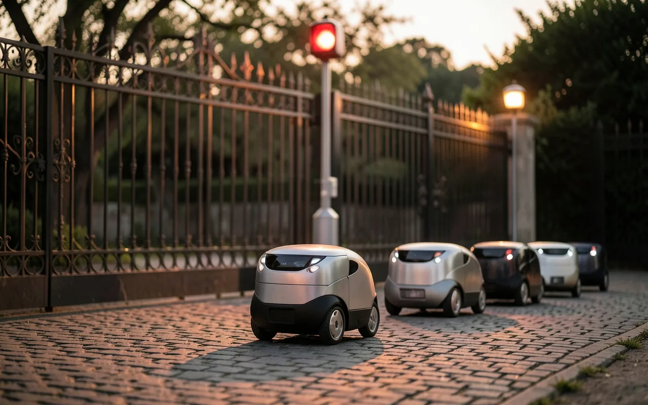 Small robots queued at a gate, one stopped under a red light