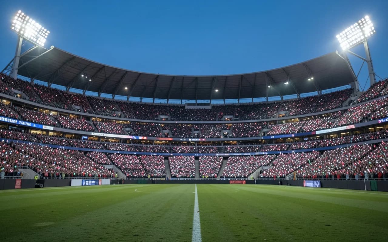 A stadium crowd lit by phone screens while the pitch is empty