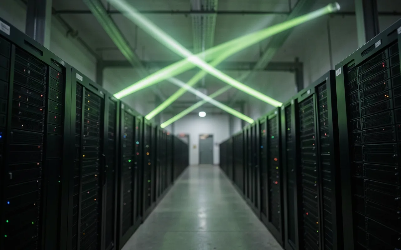 Server hardware in a dark room with branching beams of green light above it
