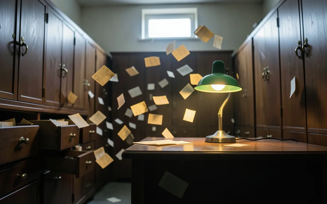 Index cards flying from archive drawers toward a lamp, some glowing brighter