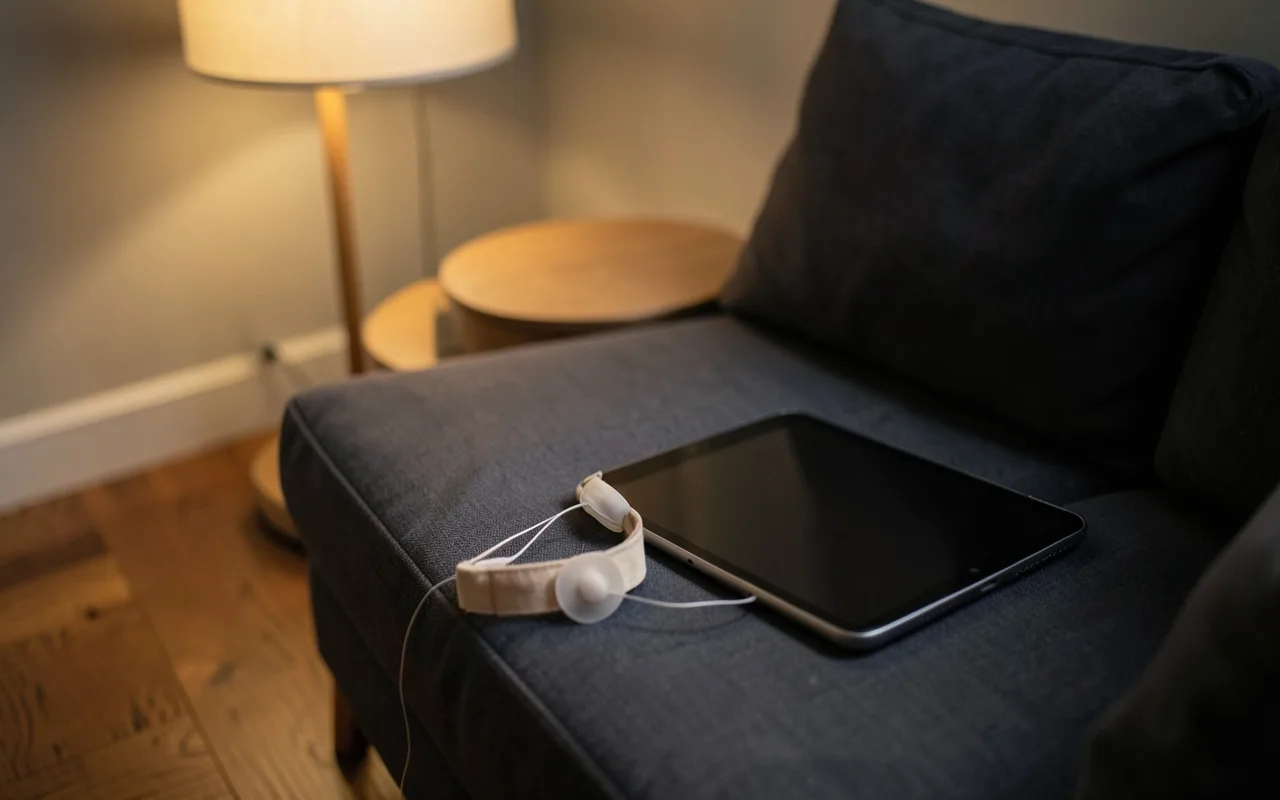 A headband with electrode pads and a tablet resting on a sofa at home
