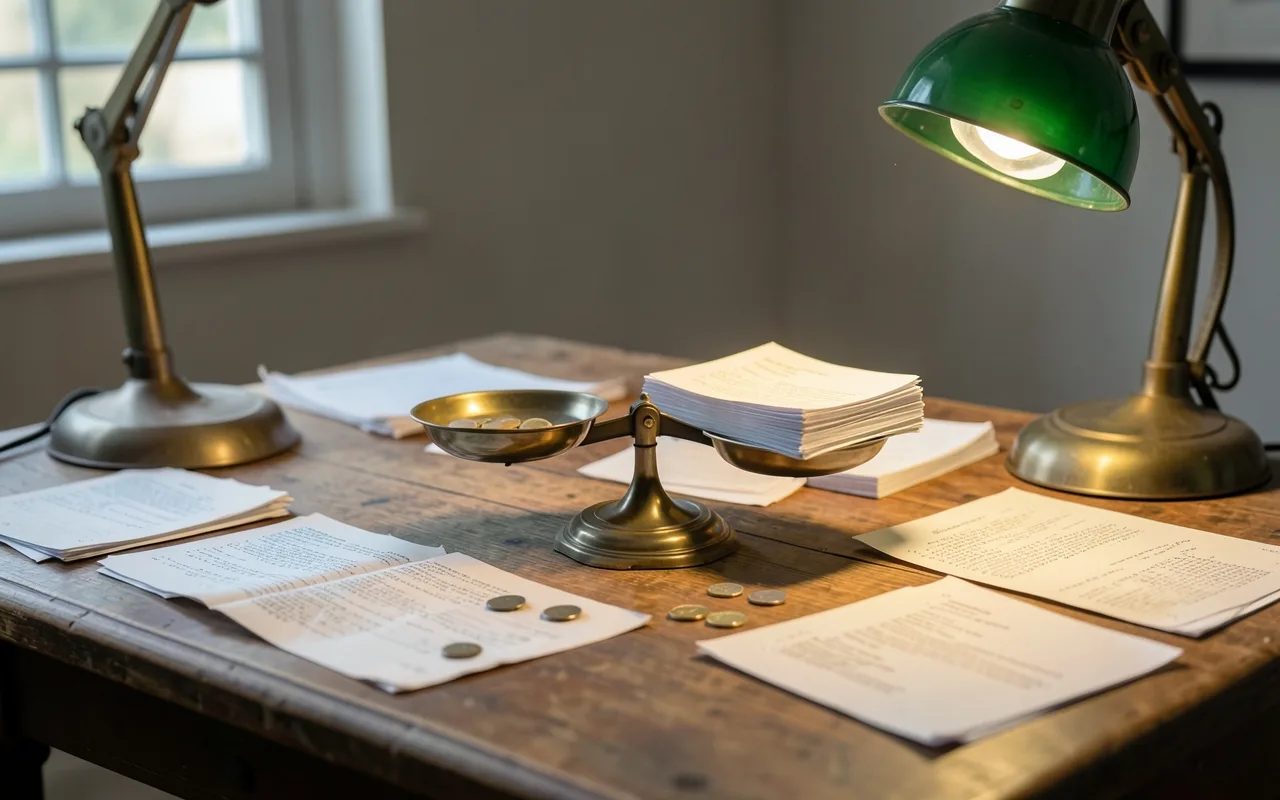 Illustration of printed code pages and a small scale balancing coins against paper