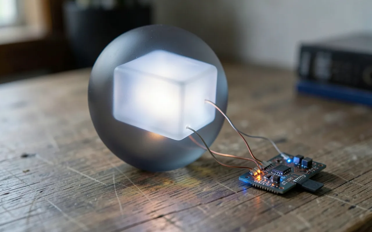 Illustration of a glowing cube inside a glass sphere connected to a small circuit board