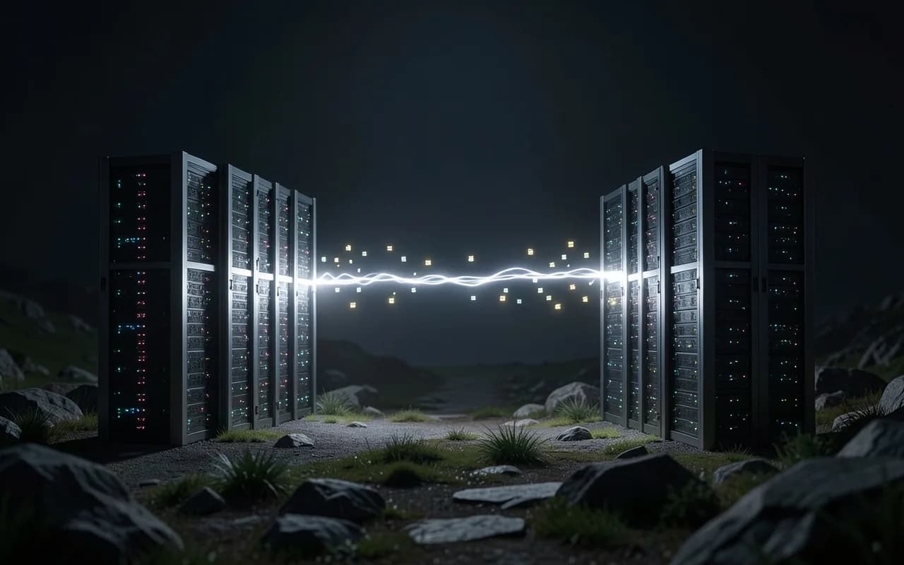 Illustration of two server clusters linked by a long beam of light