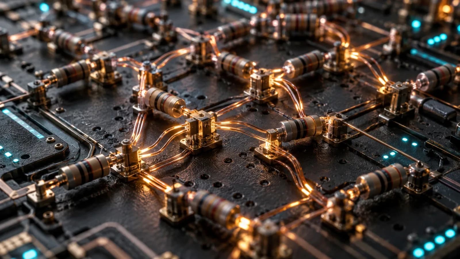 A physical lattice of resistors connected by glowing adaptive copper paths