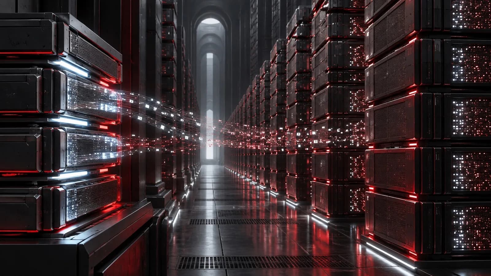 A corridor of stacked memory modules carrying data into long-term storage