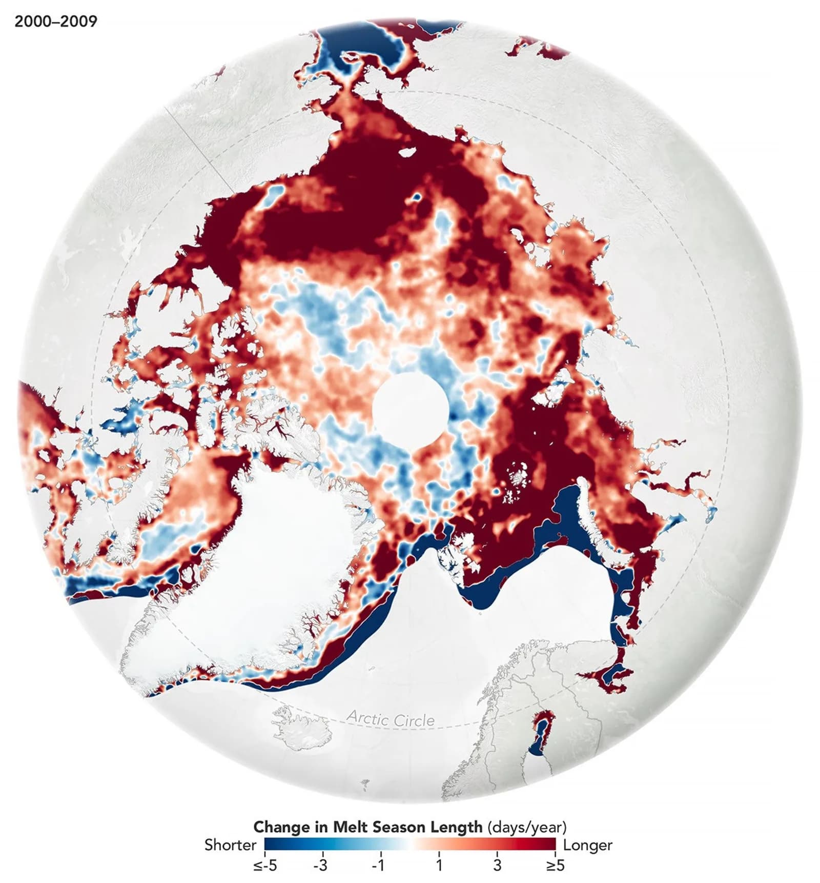 Map of the Arctic showing where sea ice melt seasons lengthened during 2000 to 2009, with dark red marking the strongest increases.