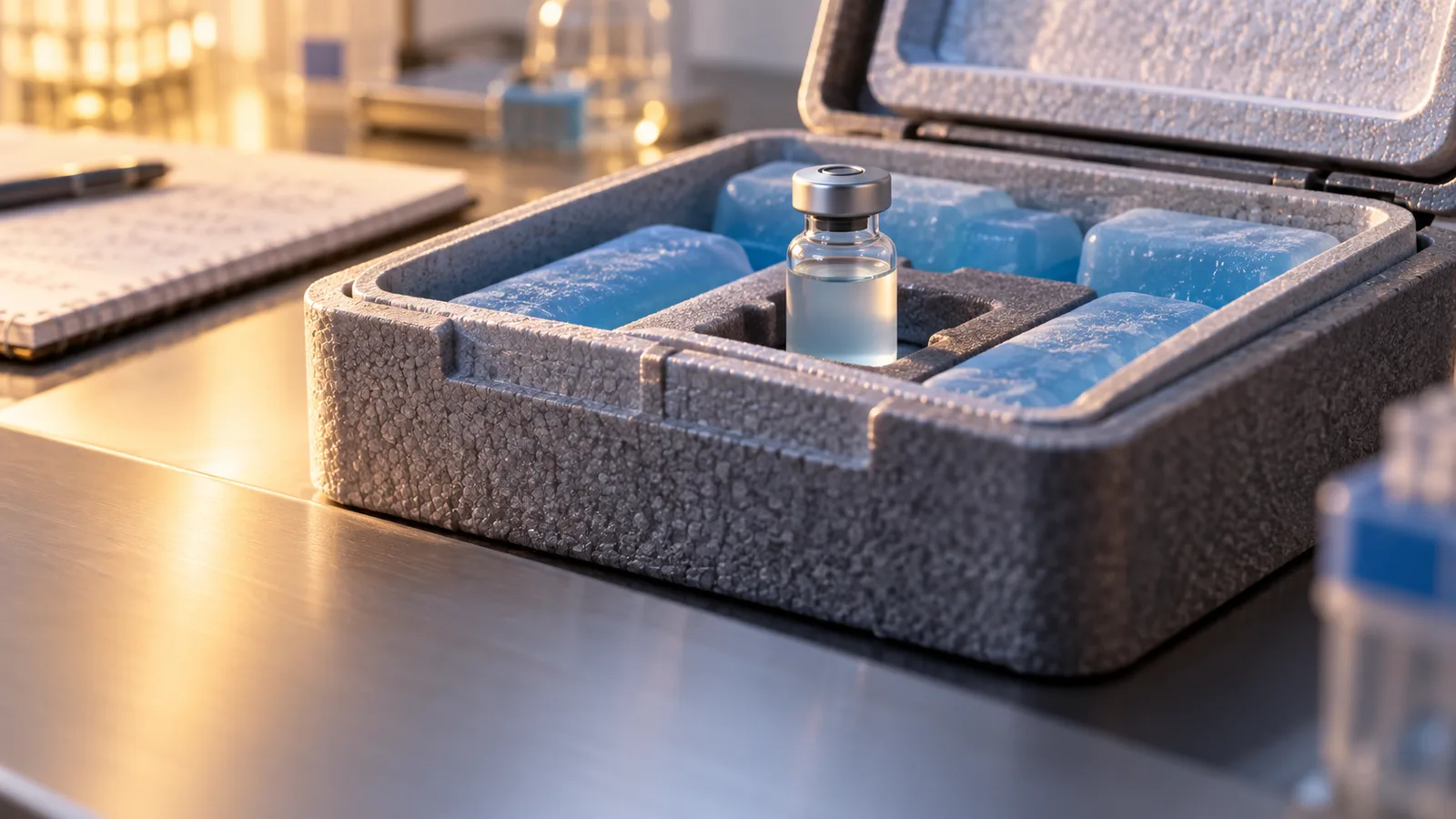 AI-generated editorial illustration of an unbranded vaccine vial in a shipping tray, representing the cold-chain problem.