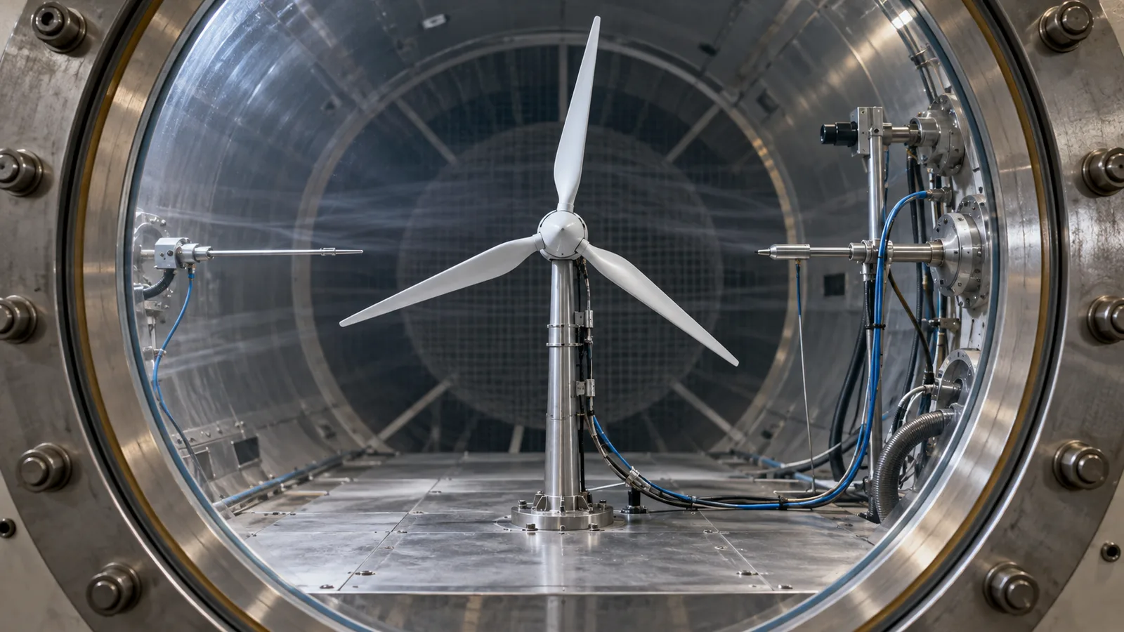 AI-generated conceptual view of a model wind turbine inside a pressure-test chamber.